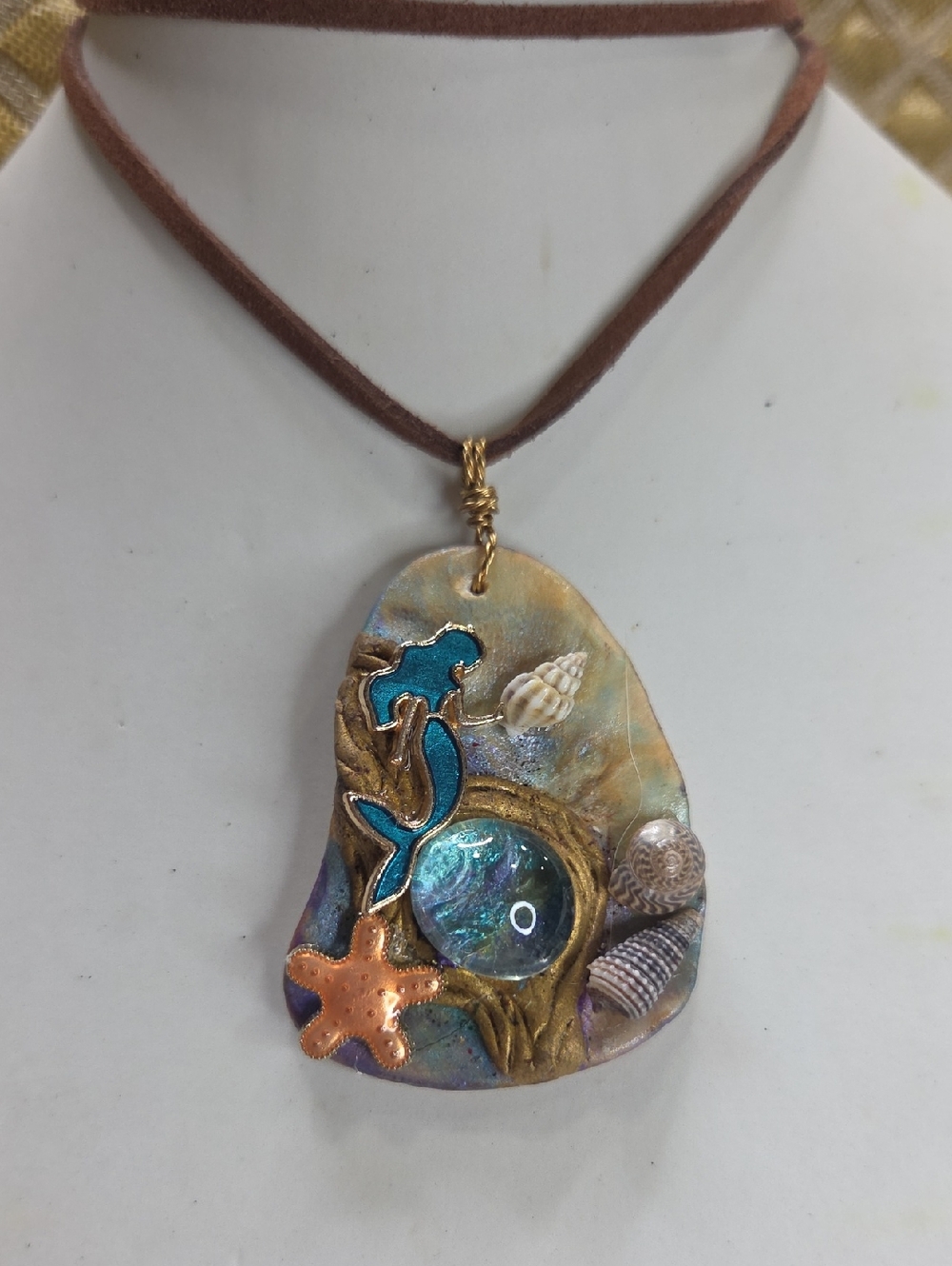 Mermaid Ocean Pendant Iridescent Shell Necklace in Turquoise and Bronze